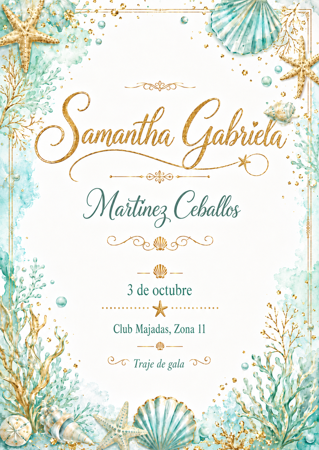 Invitación de XV años. Liliana Ceballos Cardenas y Carlos Augusto Martinez Torres tienen el honor de invitarte a celebrar los XV años de su hija Samantha Gabriela Martínez Ceballos. Sábado 3 de octubre de 2026, Club Majadas, Zona 11. Traje de gala.